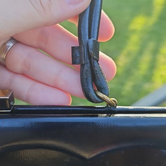 Vintage Black Structured Top Handle Handbag with Satin Interior - Picture 7 of 8